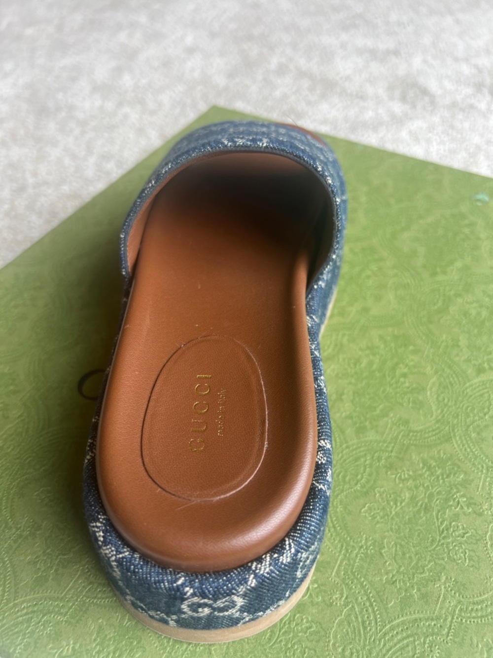 Gucci Angelina Denim GG Logo Platform Slide Sandals - Blue/Brown NIB - Picture 7 of 11